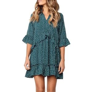 MITILLY Women's Green/White Polka Dot Pocket V-Neck Ruffle Swing Dress size S